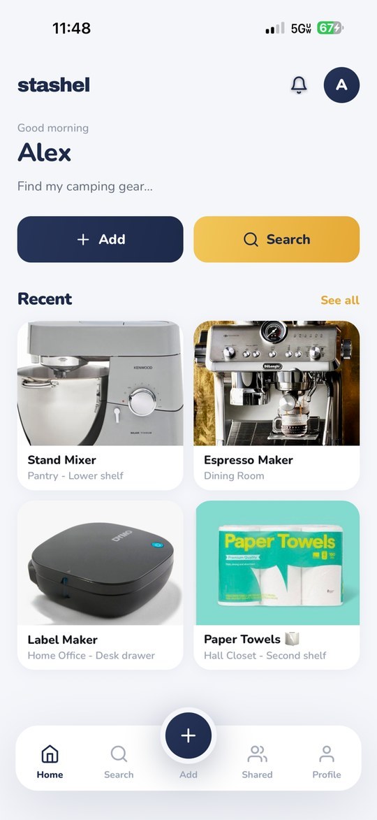 The Stashel home screen showing recent items, each with the room and shelf it's on
