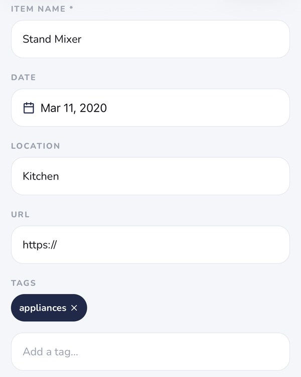 The new item form with a name, a location of Kitchen, and an appliances tag