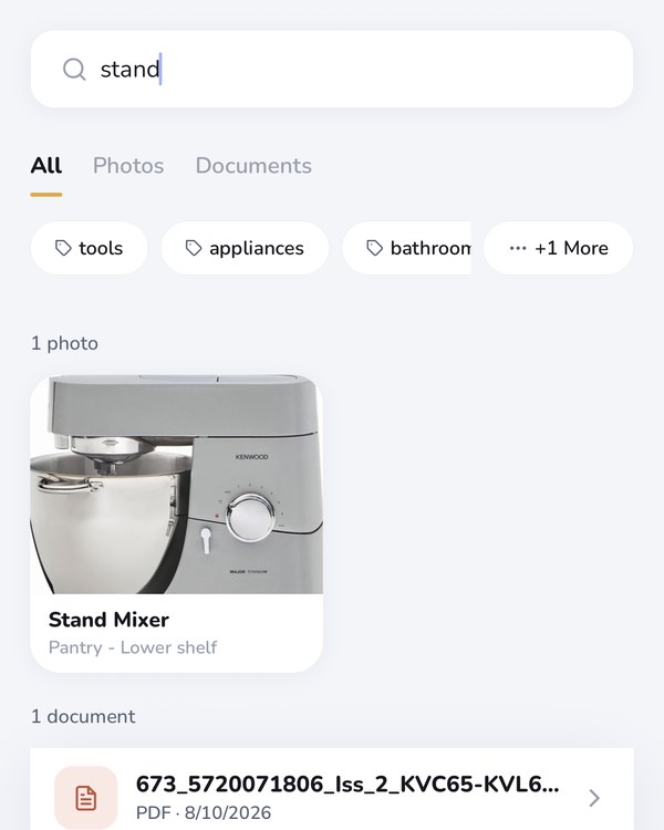 A search for the word stand, returning the Stand Mixer and its manual